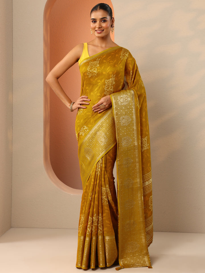 Mustard Printed Georgette Saree With Unstitched Blouse Piece