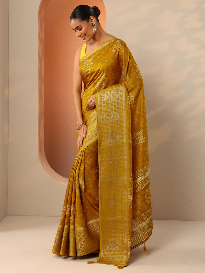 Mustard Printed Georgette Saree With Unstitched Blouse Piece