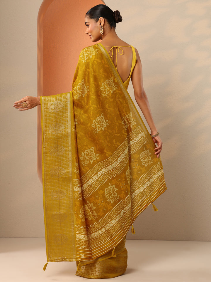 Mustard Printed Georgette Saree With Unstitched Blouse Piece