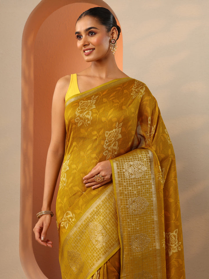 Mustard Printed Georgette Saree With Unstitched Blouse Piece