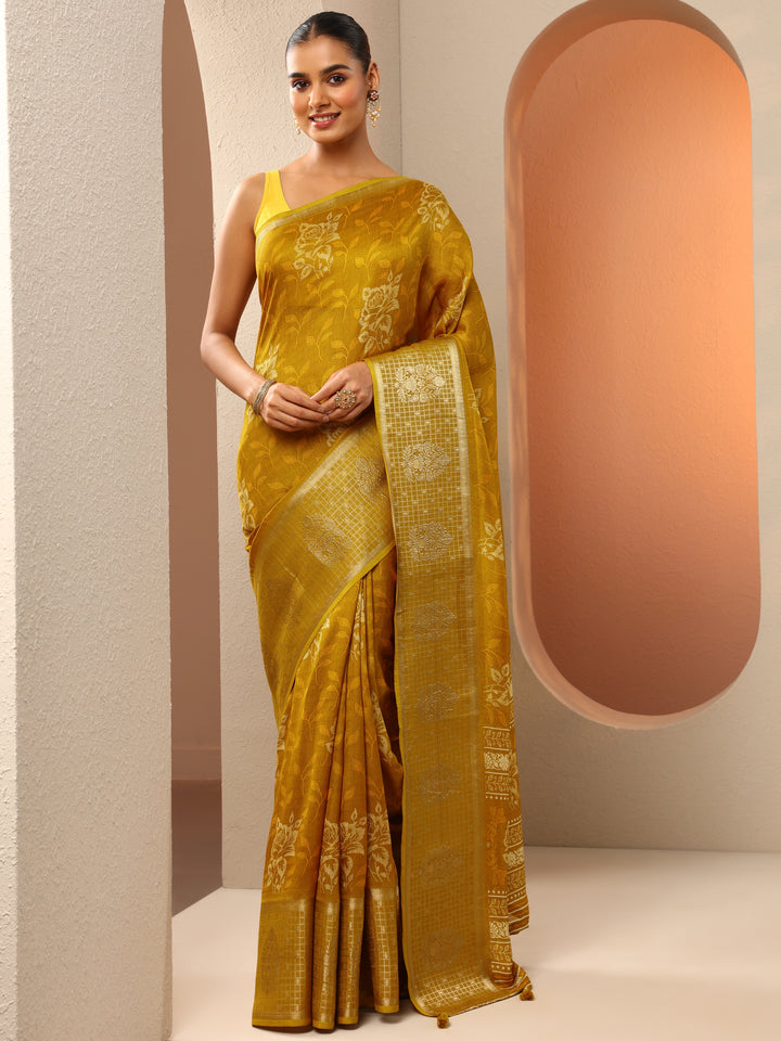 Mustard Printed Georgette Saree With Unstitched Blouse Piece