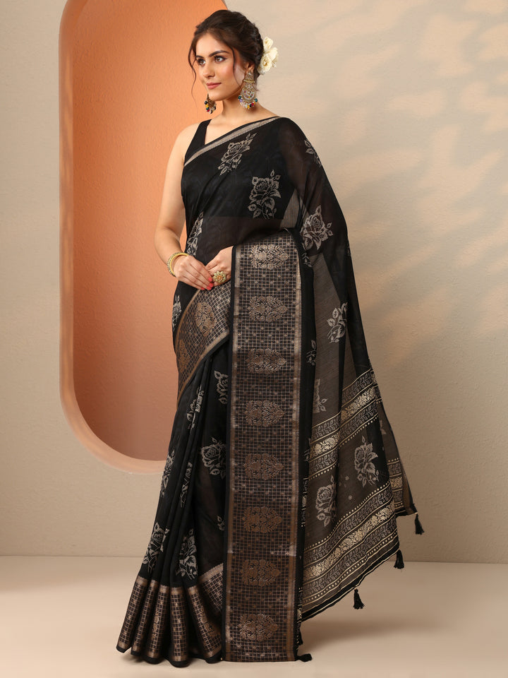 Black Printed Georgette Saree With Unstitched Blouse Piece