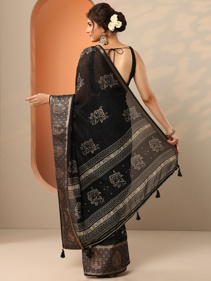 Black Printed Georgette Saree With Unstitched Blouse Piece