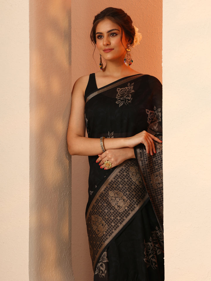 Black Printed Georgette Saree With Unstitched Blouse Piece