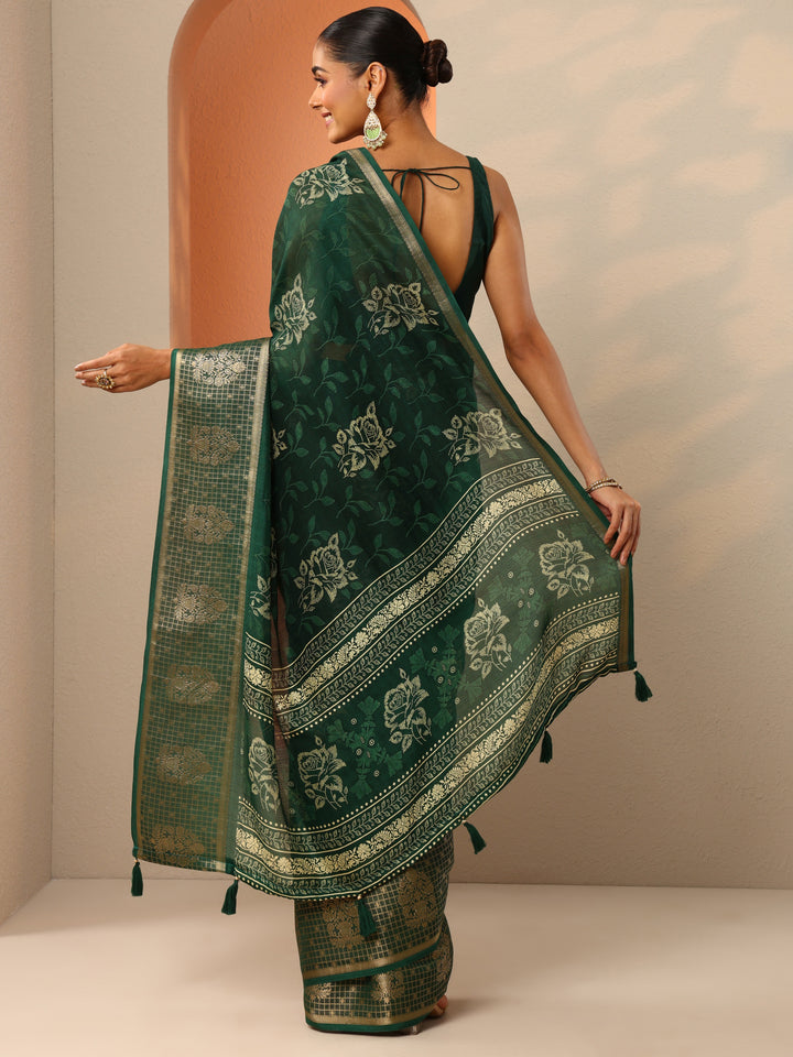 Green Printed Georgette Saree With Unstitched Blouse Piece