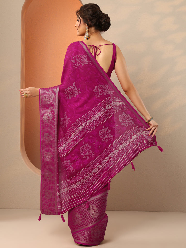 Pink Printed Georgette Saree With Unstitched Blouse Piece