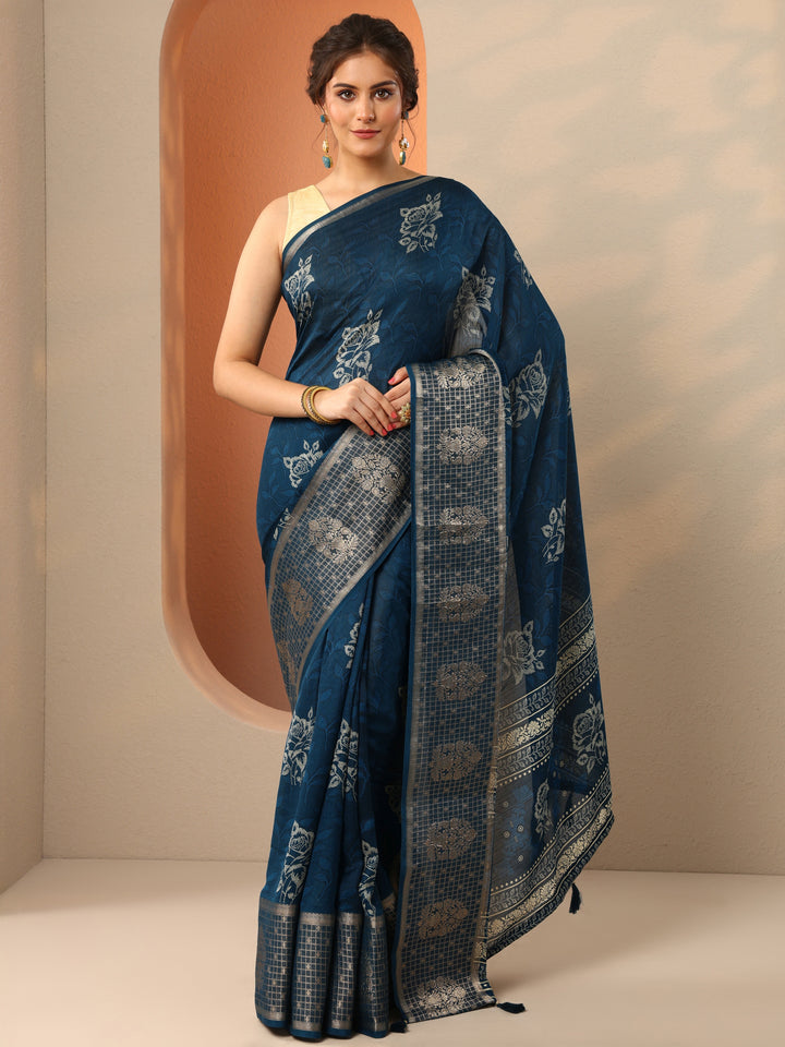 Blue Printed Georgette Saree With Unstitched Blouse Piece