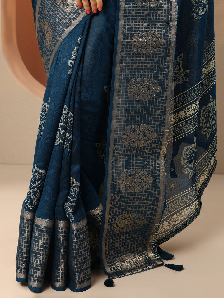 Blue Printed Georgette Saree With Unstitched Blouse Piece