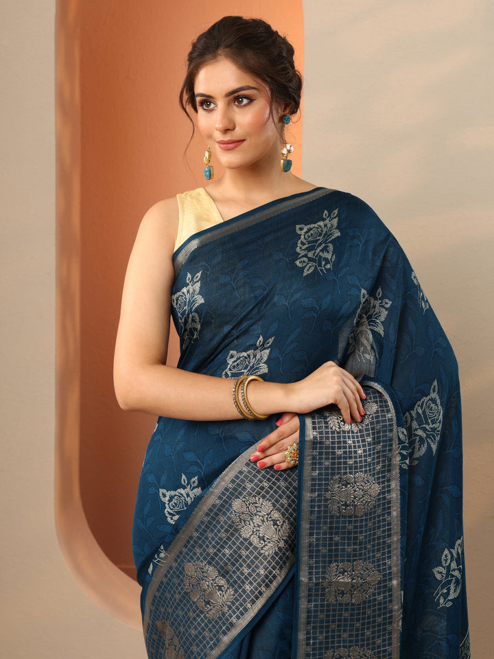 Blue Printed Georgette Saree With Unstitched Blouse Piece