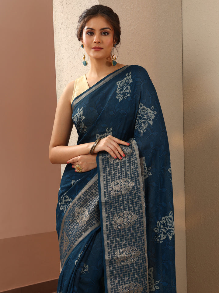 Blue Printed Georgette Saree With Unstitched Blouse Piece
