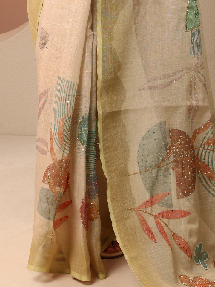 Beige Printed Silk Blend Saree With Unstitched Blouse Piece