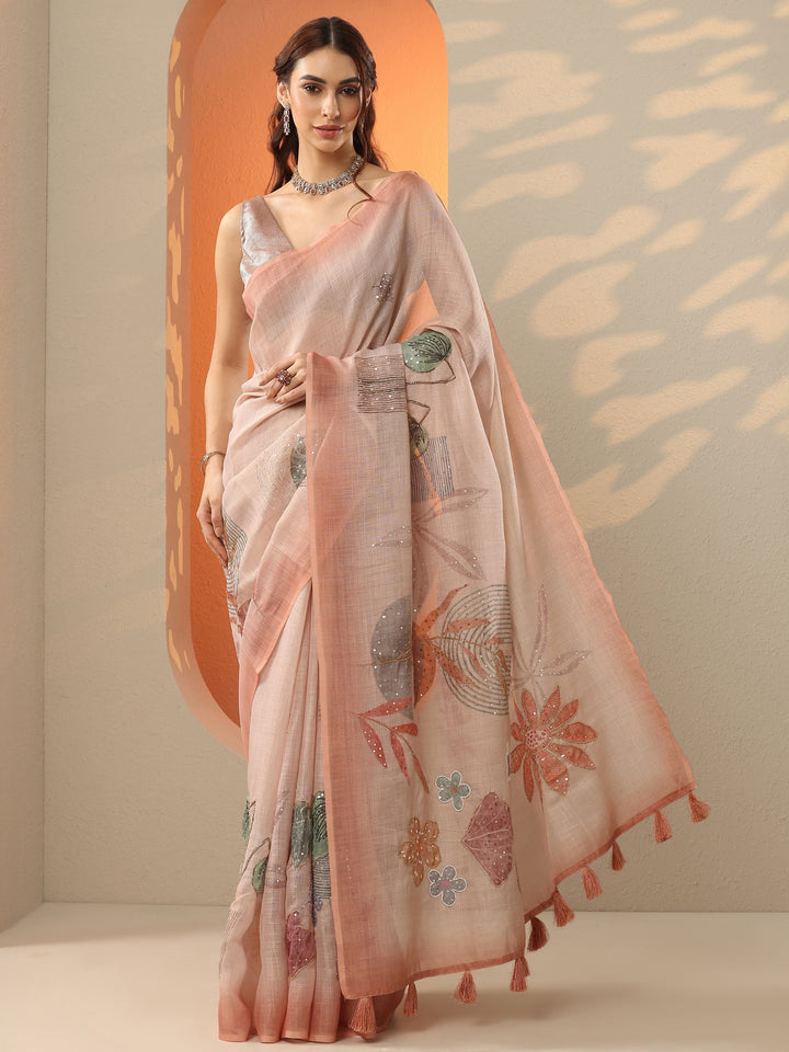 Peach Printed Silk Blend Saree With Unstitched Blouse Piece