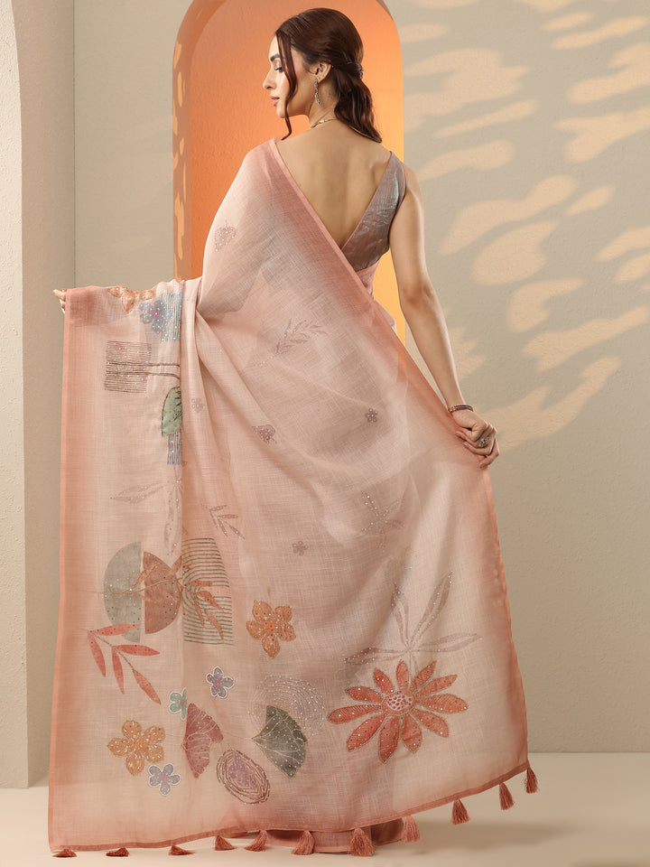 Peach Printed Silk Blend Saree With Unstitched Blouse Piece