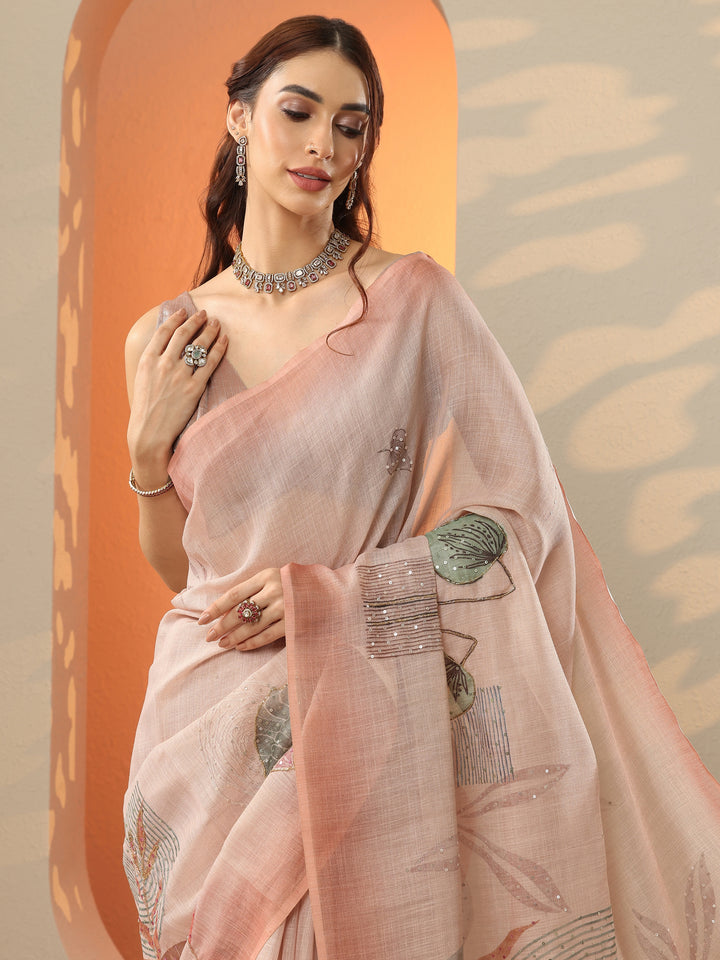 Peach Printed Silk Blend Saree With Unstitched Blouse Piece