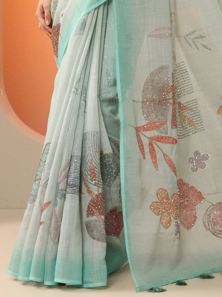 Blue Printed Silk Blend Saree With Unstitched Blouse Piece