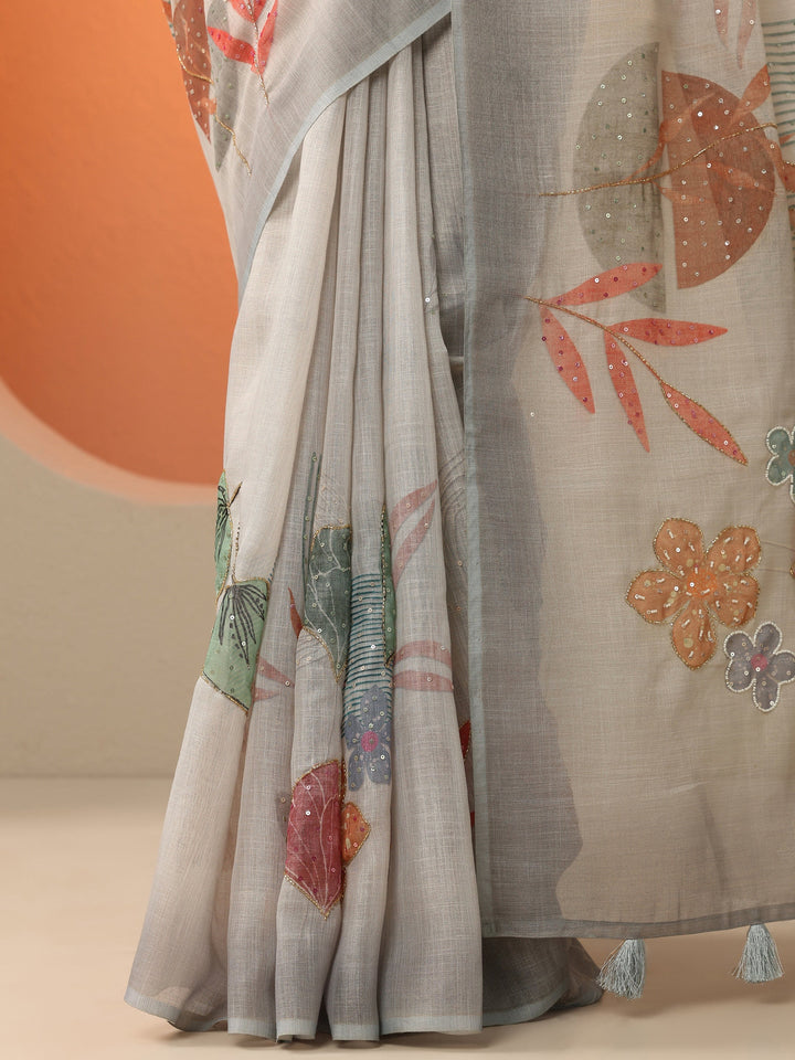 Grey Printed Silk Blend Saree With Unstitched Blouse Piece