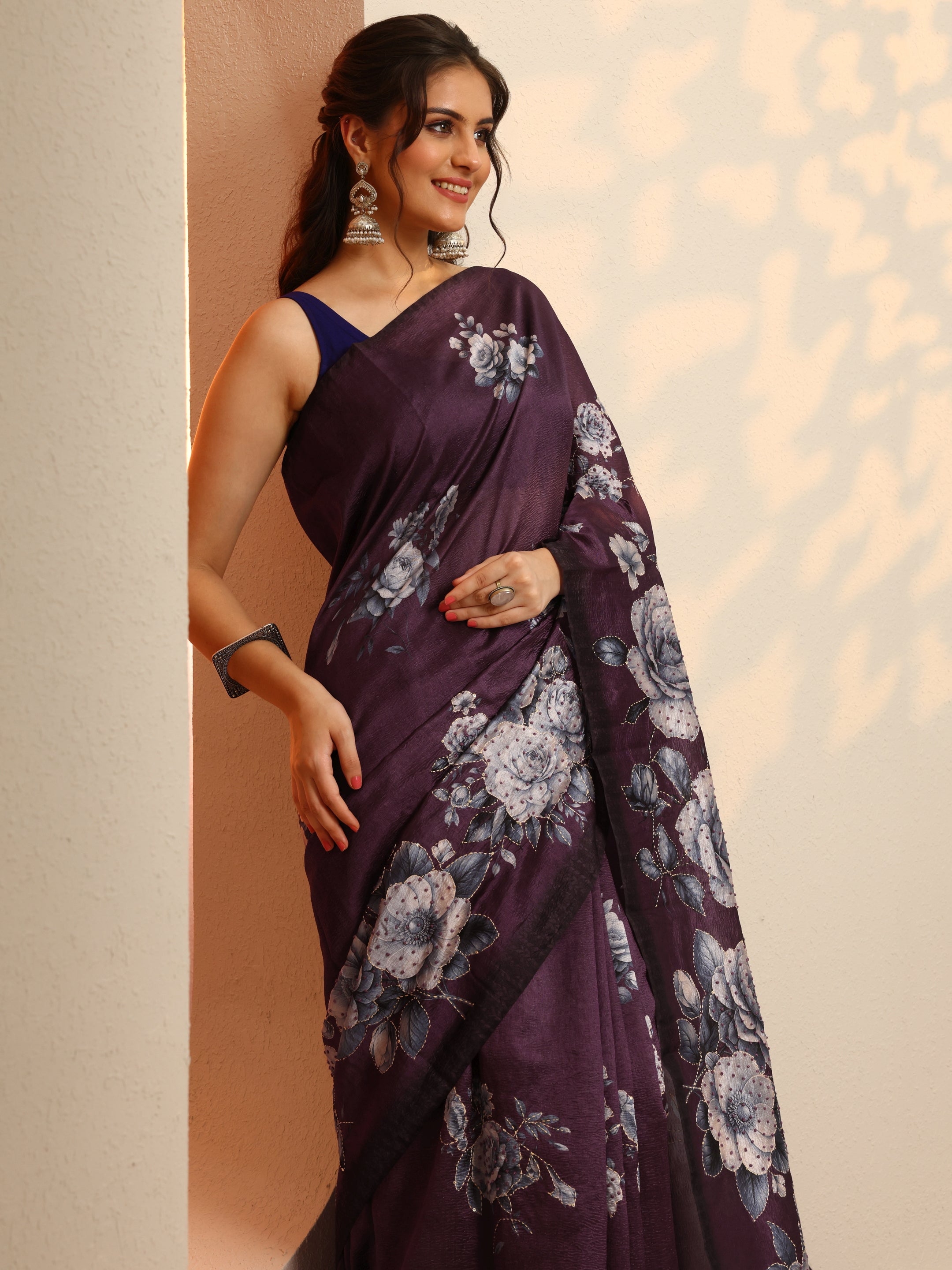 Maroon Embellished Silk Blend Saree With Unstitched Blouse Piece