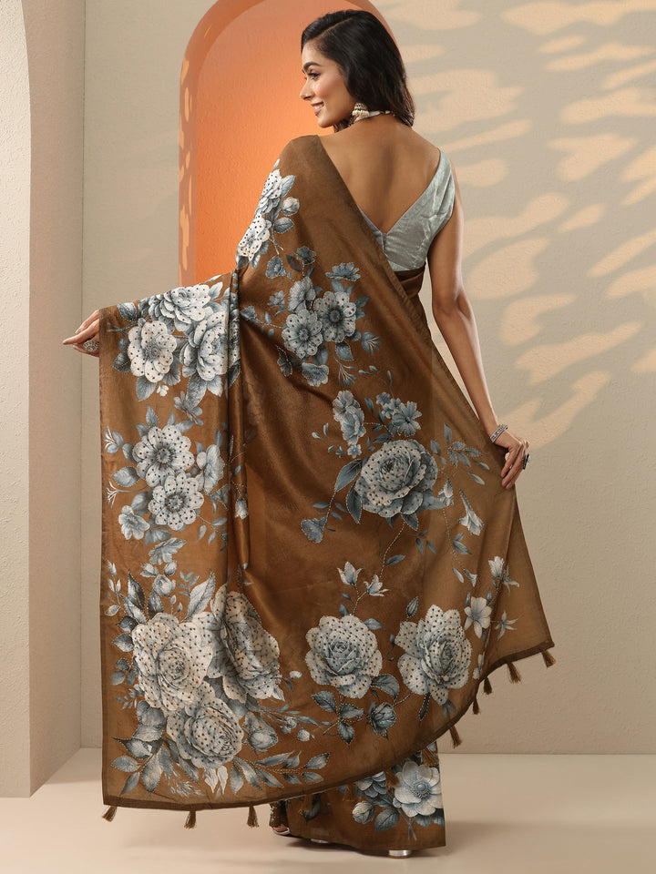 Brown Embellished Silk Blend Saree With Unstitched Blouse Piece