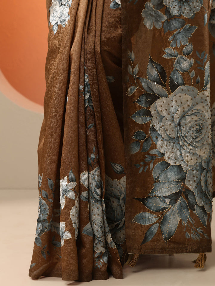 Brown Embellished Silk Blend Saree With Unstitched Blouse Piece