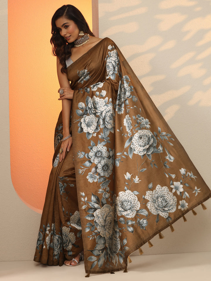 Brown Embellished Silk Blend Saree With Unstitched Blouse Piece
