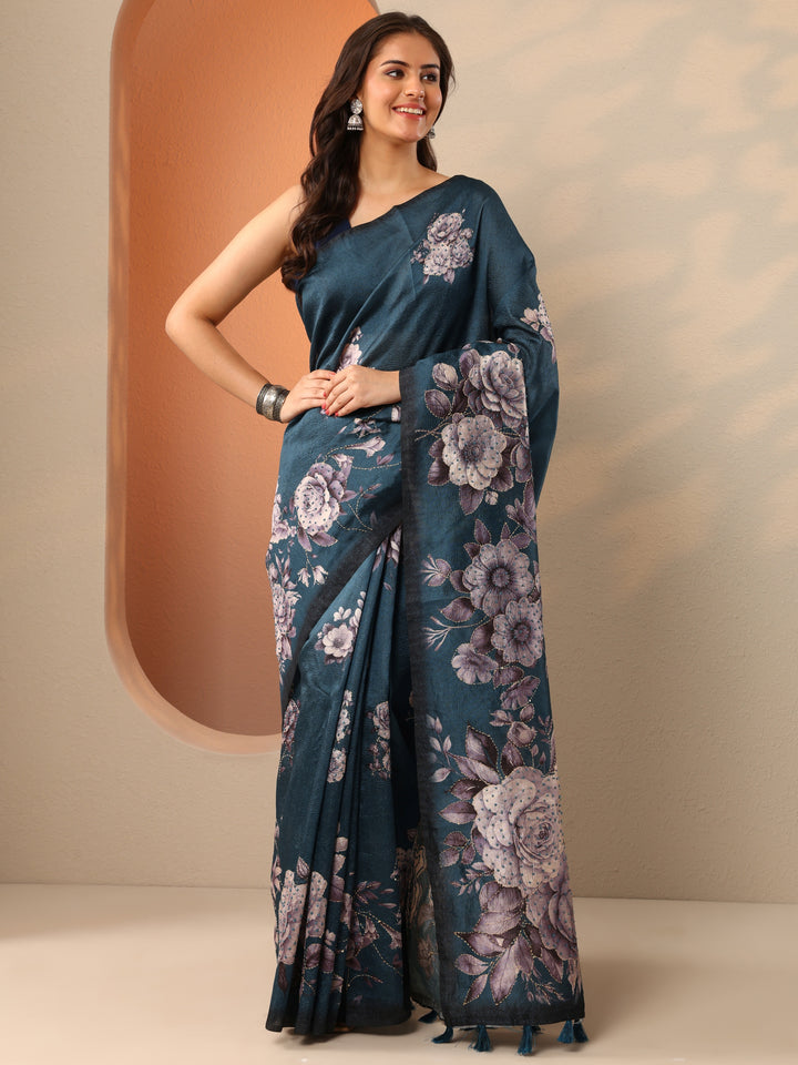 Teal Embellished Silk Blend Saree With Unstitched Blouse Piece