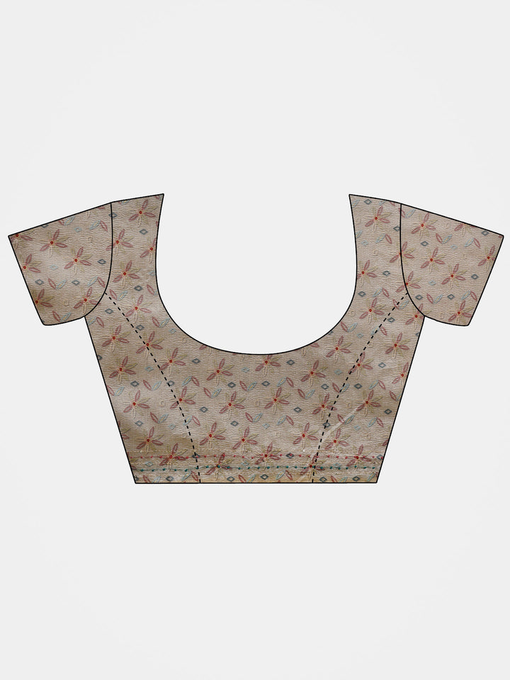 Beige Printed Silk Blend Saree With Unstitched Blouse Piece