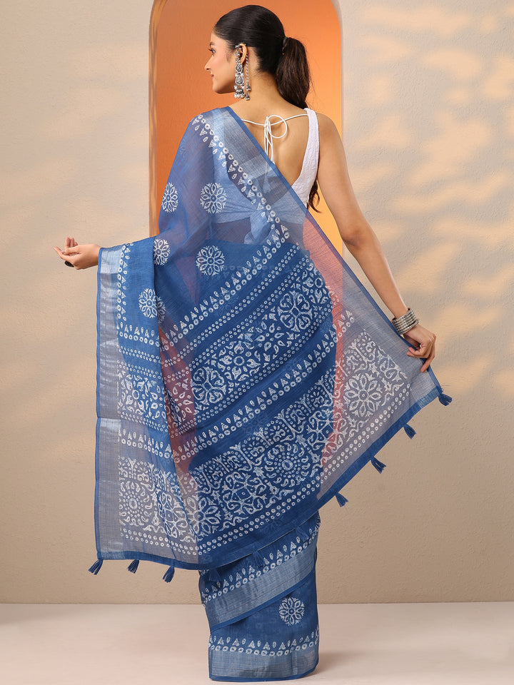 Blue Printed Cotton Blend Saree With Unstitched Blouse Piece