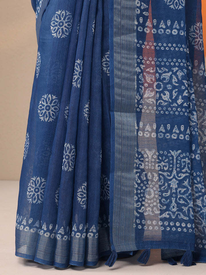 Blue Printed Cotton Blend Saree With Unstitched Blouse Piece