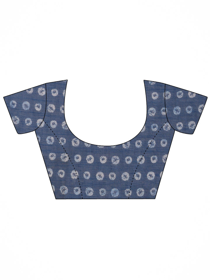 Blue Printed Cotton Blend Saree With Unstitched Blouse Piece