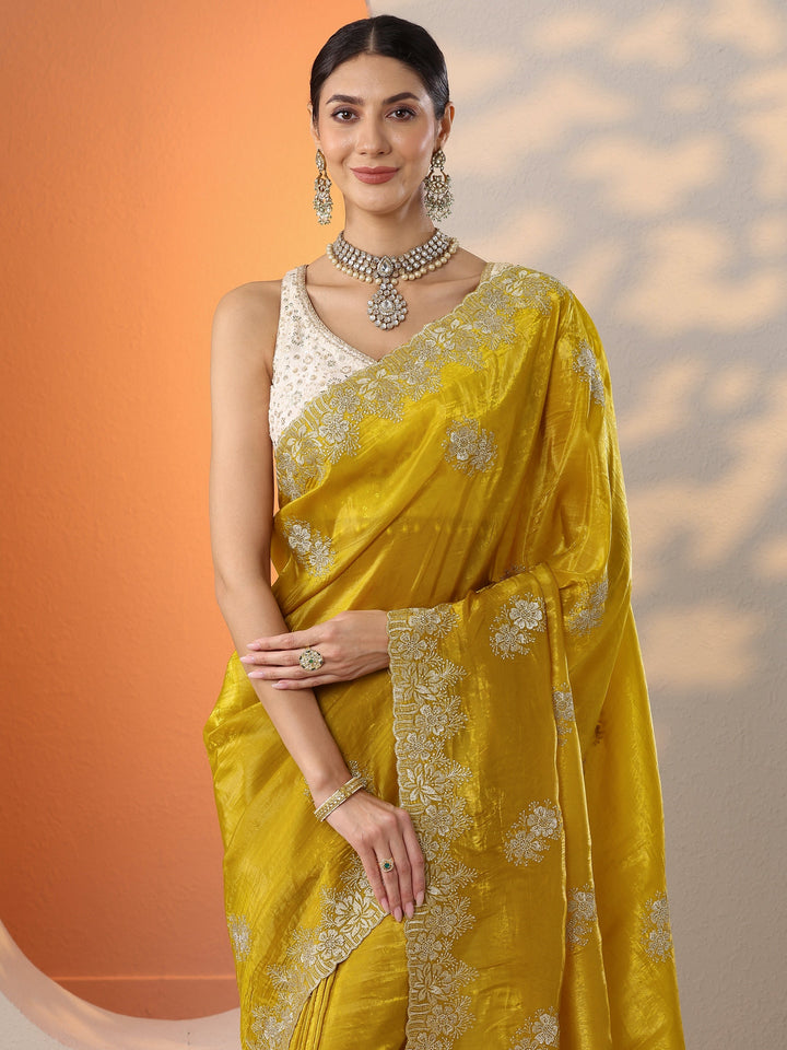 Mustard Embroidered Banarasi Organza Saree With Unstitched Blouse Piece