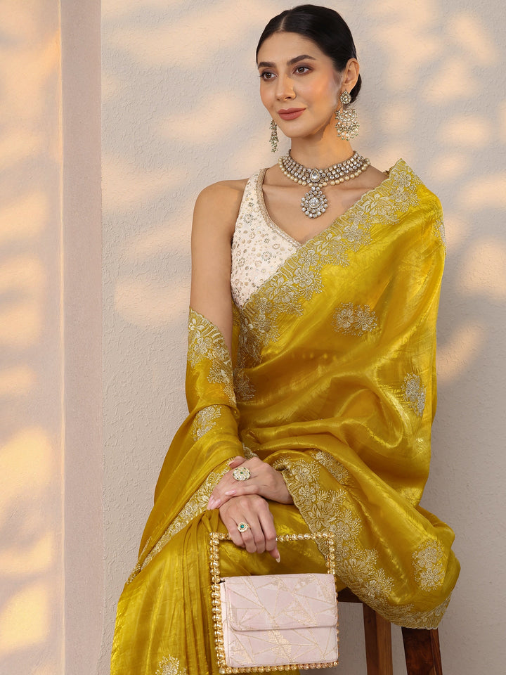 Mustard Embroidered Banarasi Organza Saree With Unstitched Blouse Piece