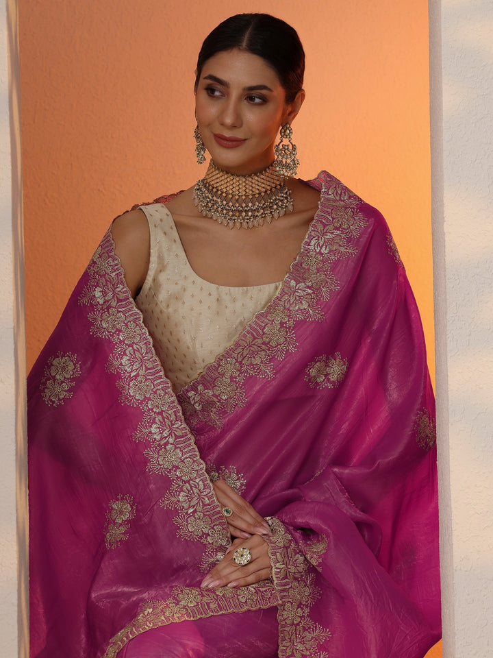 Pink Embroidered Organza Saree With Unstitched Blouse Piece