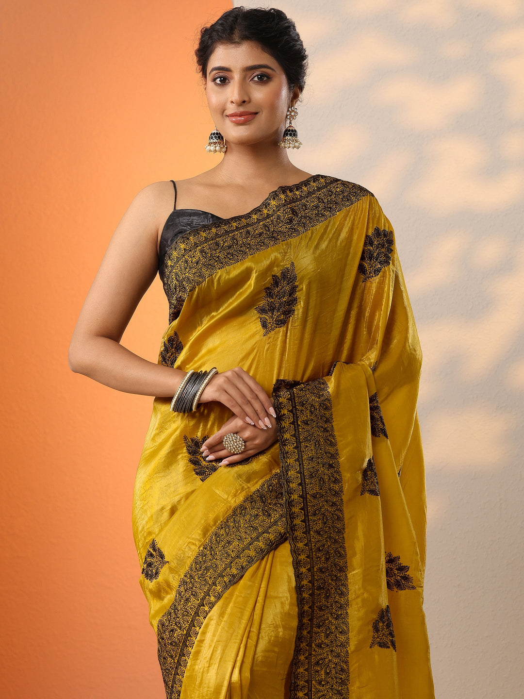 Mustard Embellished Banarasi Organza Saree With Unstitched Blouse Piece
