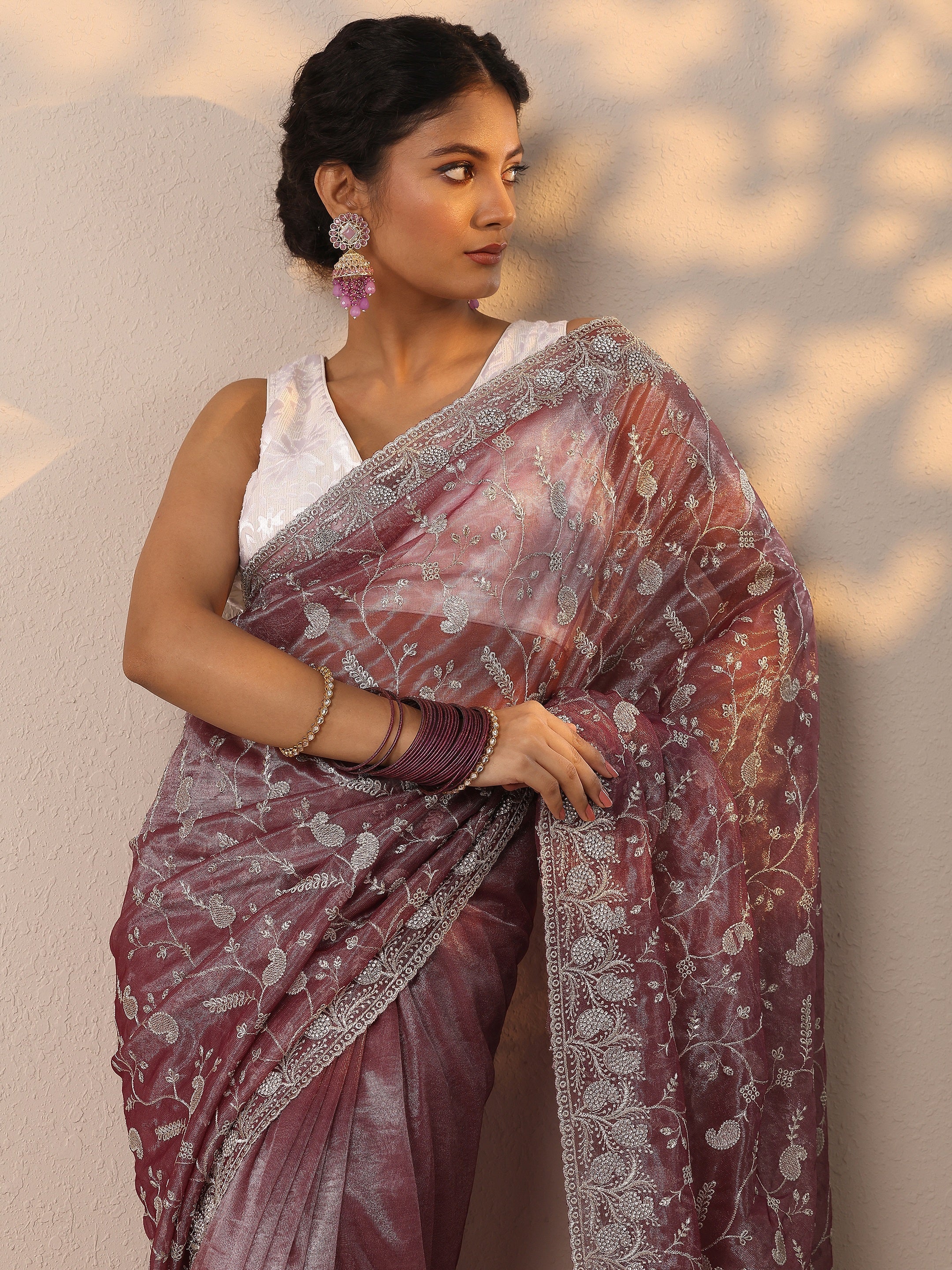 Lavender Embroidered Nylon Saree With Unstitched Blouse Piece