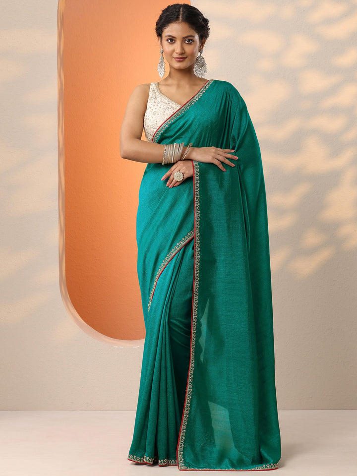 Green Solid Silk Blend Saree With Unstitched Blouse Piece