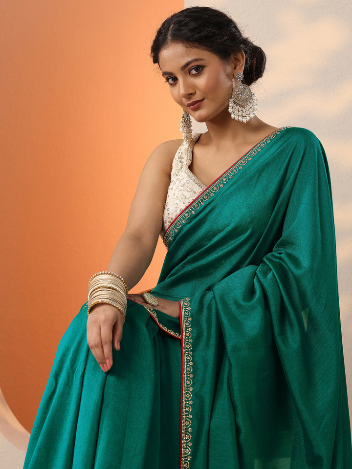 Green Solid Silk Blend Saree With Unstitched Blouse Piece