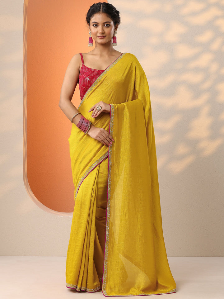 Mustard Solid Silk Blend Saree With Unstitched Blouse Piece