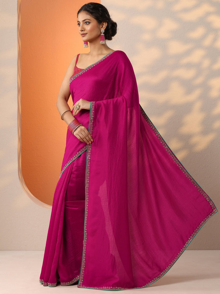 Pink Solid Silk Blend Saree With Unstitched Blouse Piece