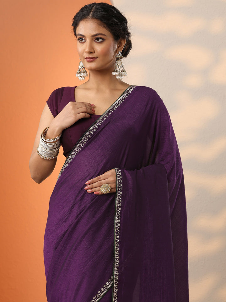 Burgundy Solid Silk Blend Saree With Unstitched Blouse Piece