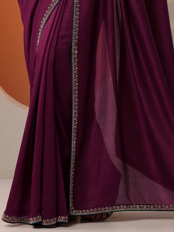 Burgundy Solid Silk Blend Saree With Unstitched Blouse Piece