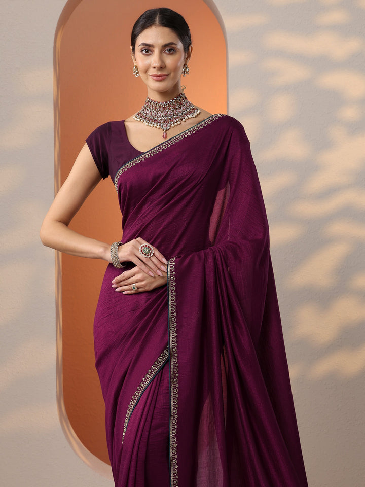 Burgundy Solid Silk Blend Saree With Unstitched Blouse Piece