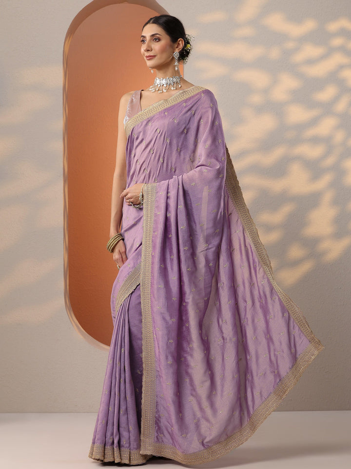 Lavender Embellished Silk Blend Saree With Unstitched Blouse Piece