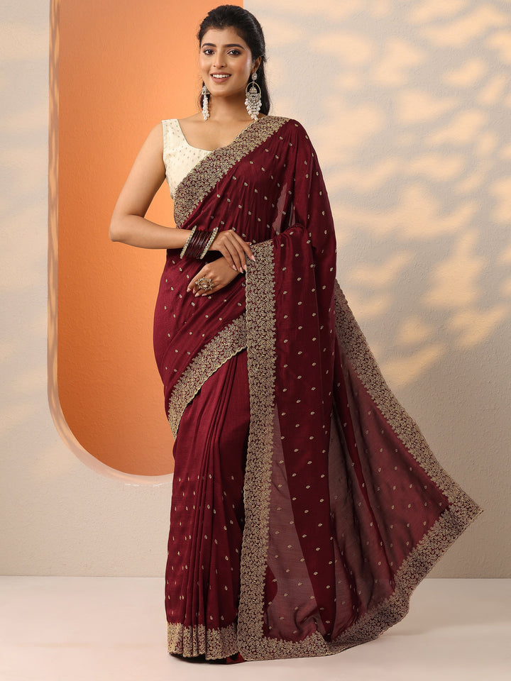 Maroon Embellished Silk Blend Saree With Unstitched Blouse Piece