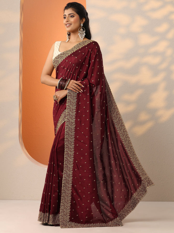 Maroon Embellished Silk Blend Saree With Unstitched Blouse Piece