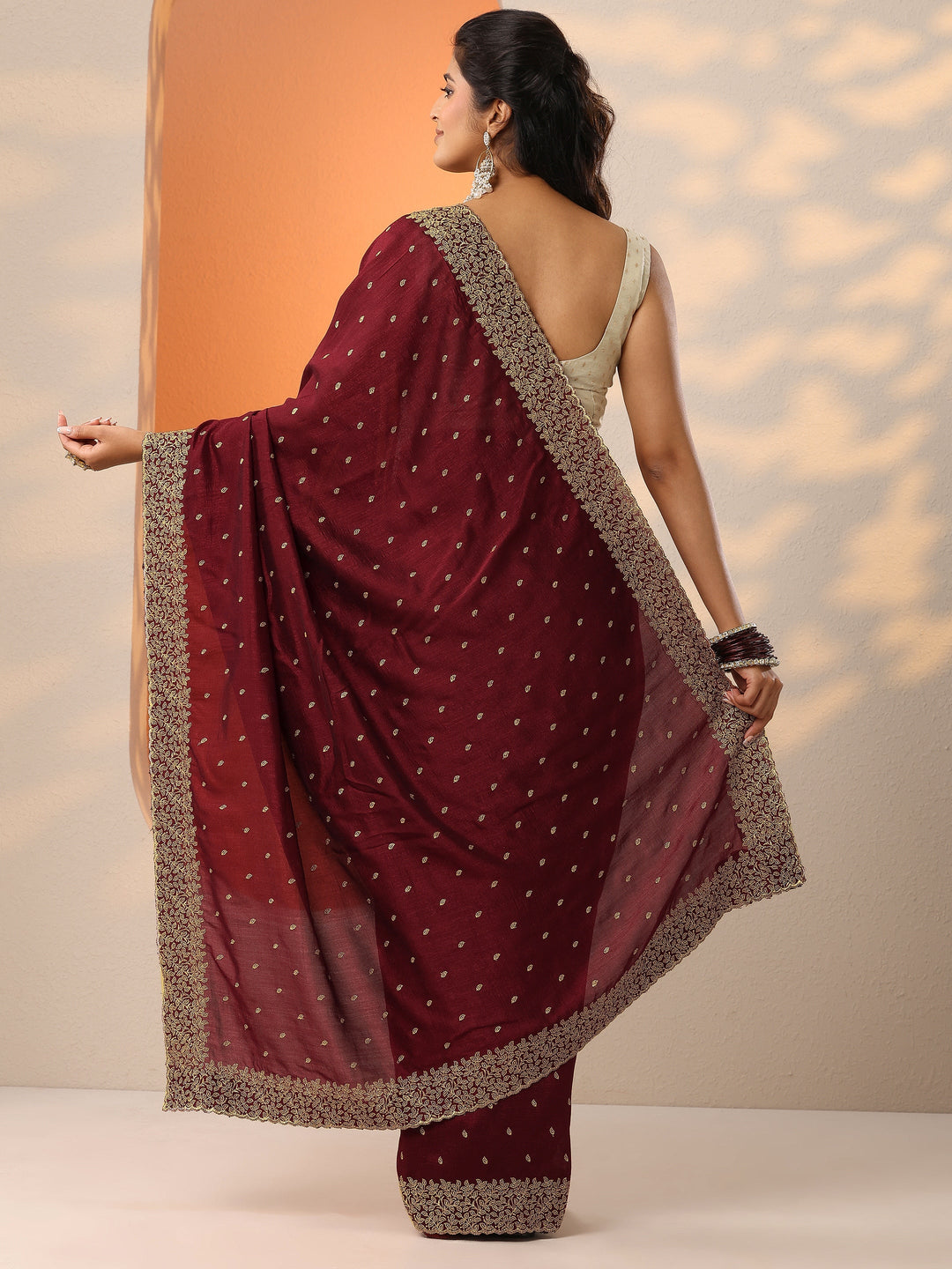 Maroon Embellished Silk Blend Saree With Unstitched Blouse Piece