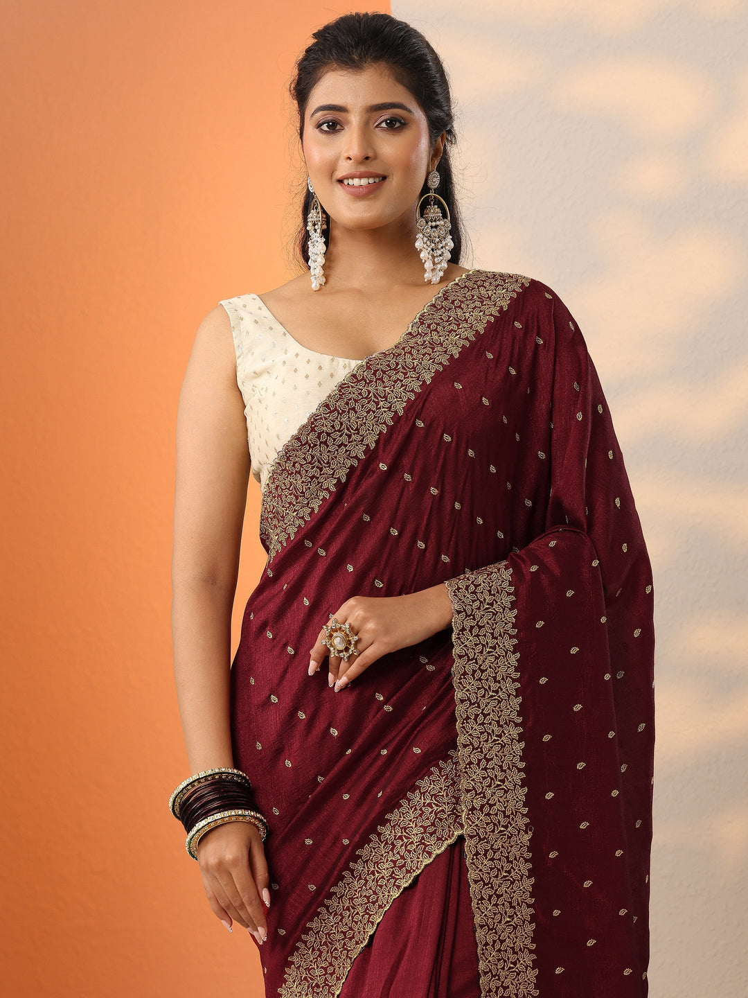 Maroon Embellished Silk Blend Saree With Unstitched Blouse Piece