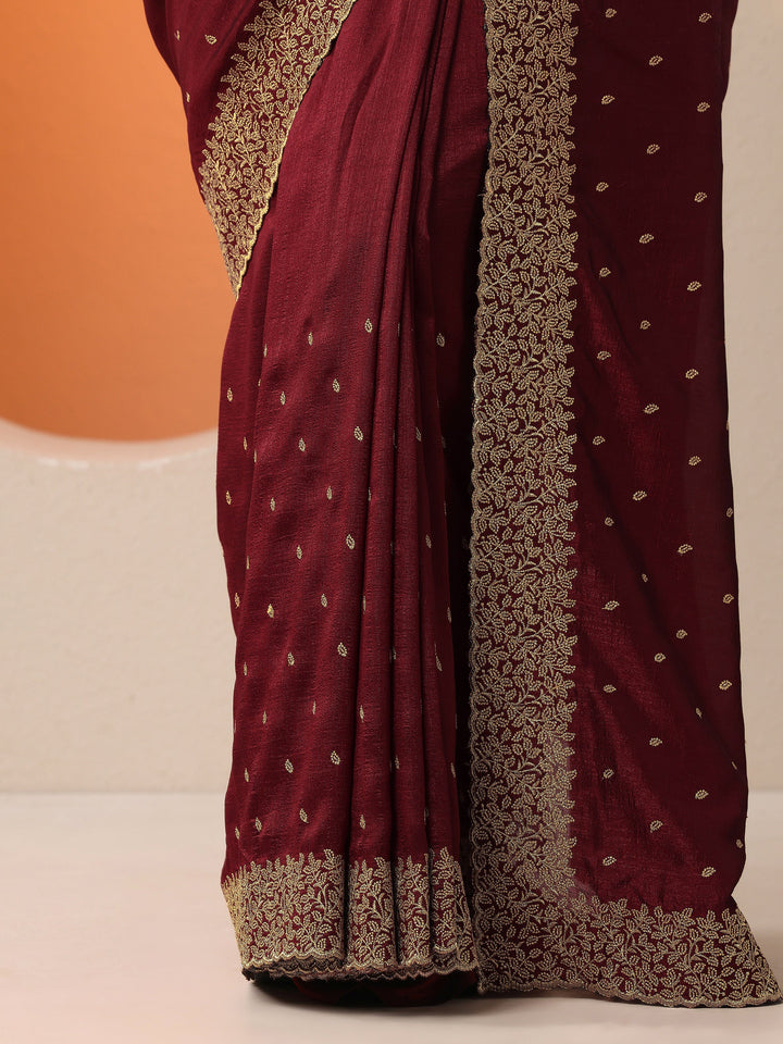 Maroon Embellished Silk Blend Saree With Unstitched Blouse Piece