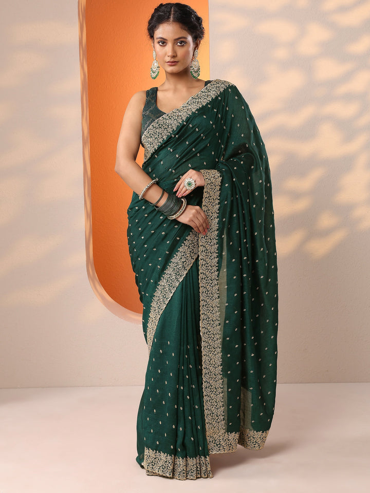 Green Embellished Silk Blend Saree With Unstitched Blouse Piece
