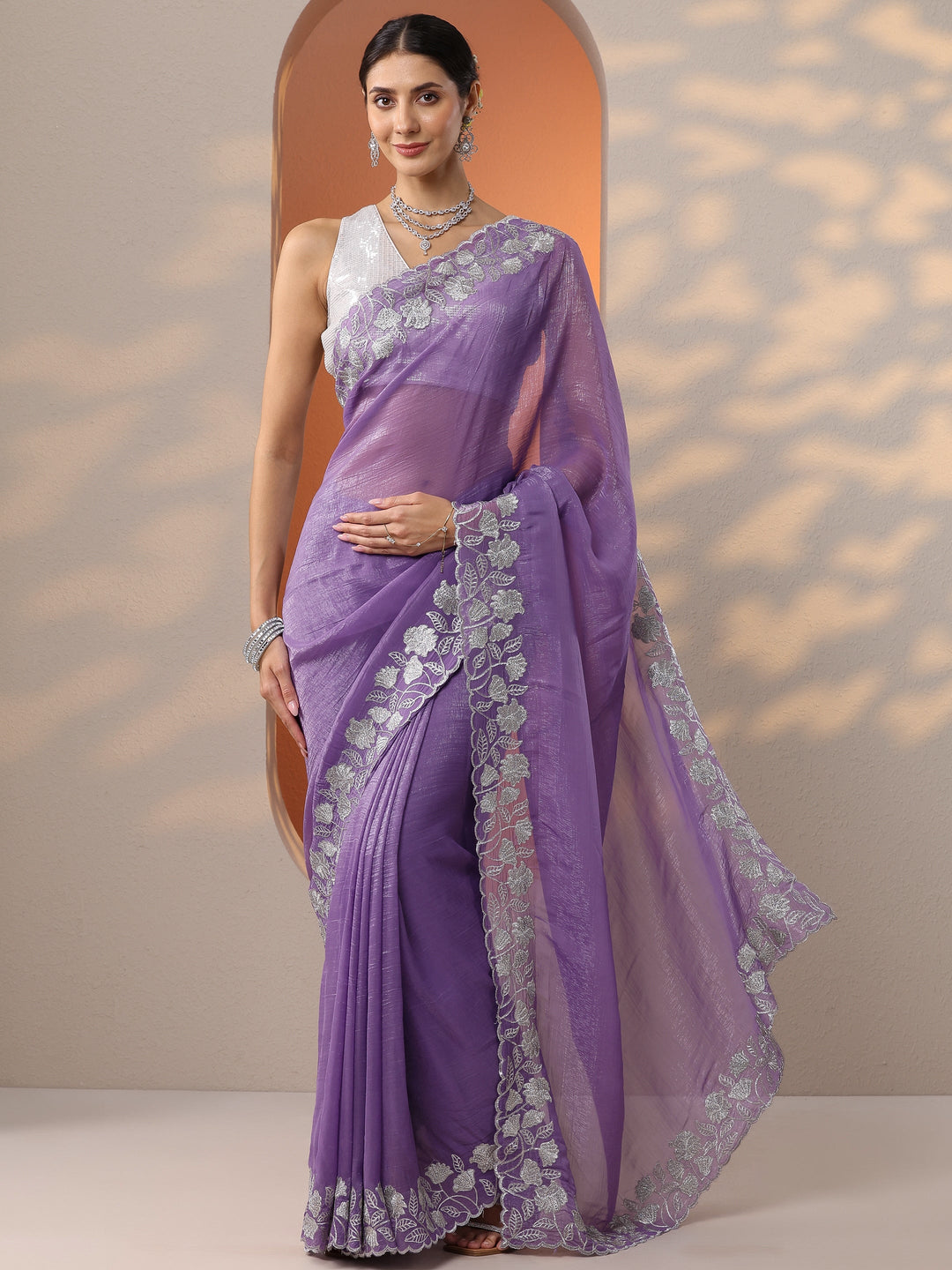 Lavender Embellished Chinon Saree With Unstitched Blouse Piece