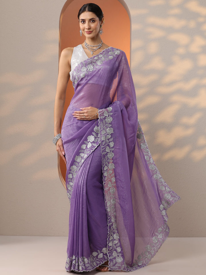 Lavender Embellished Chinon Saree With Unstitched Blouse Piece